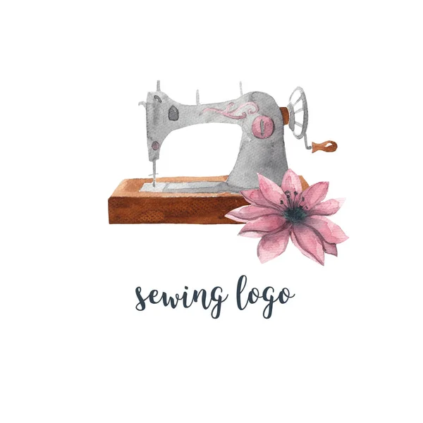 Sömnad Logotypen Vintage Symaskin Och Rosa Blomma Akvarell Illustration Vit — Stockfoto