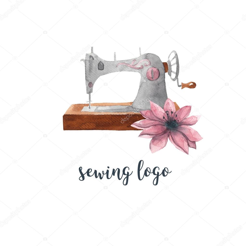 Sewing logo. Vintage sewing machine and pink flower. Watercolor illustration on white isolated background
