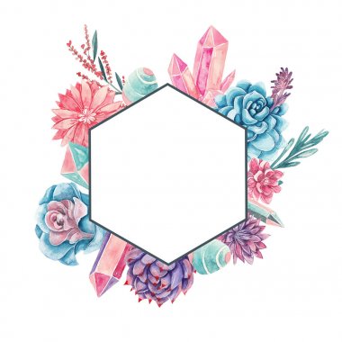 Succulents, değerli taşlar ve çiçek öğeleri geometrik çerçeveyle. Arka plan beyaz üzerine suluboya illüstrasyon izole. Metin için çerçeve çiçek