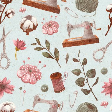 Dikişsiz vintage desen dikiş öğeleri ve çiçek öğeleri ile. Dikiş makinesi, makas, Tel, makara, pim, iğneler, düğmeleri. Çizilmiş suluboya dokulu arka plan