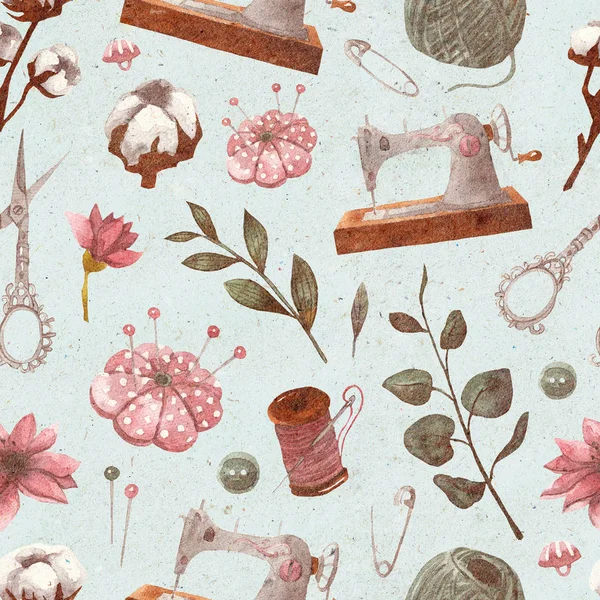 Nahtloses Vintage Muster Mit Nähteilen Und Floralen Elementen Nähmaschine Schere — Stockfoto