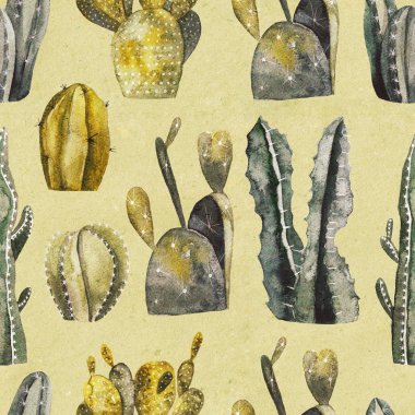 Kraft dokulu arka plan üzerine suluboya kaktüsler ile Seamless Modeli