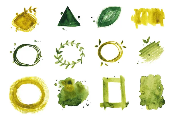 Akvarelu Zelená Eco Odznaky Bílém Pozadí Izolované — Stock fotografie
