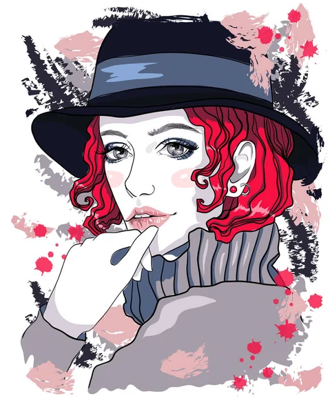 Portret z piękną dziewczyną z różowymi włosami. Dziewczyna w kapeluszu. Ilustracja wektorowa moda — Wektor stockowy
