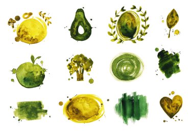 Beyaz izole zemin üzerine suluboya yeşil Eko ve vegan rozetleri