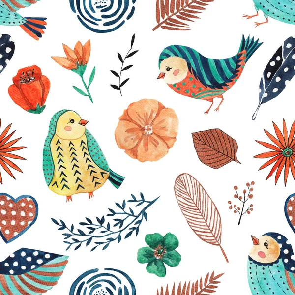 Seamless pattern with watercolor cute birds and flowers on white background