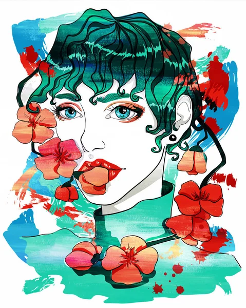 Retrato Uma Menina Bonita Com Flores Redor Seu Rosto Ilustração — Fotografia de Stock