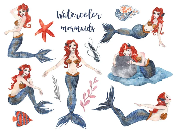 Meerjungfrauen Mit Roten Haaren Aquarell Meerjungfrauen Muscheln Seesterne Fische Und — Stockfoto