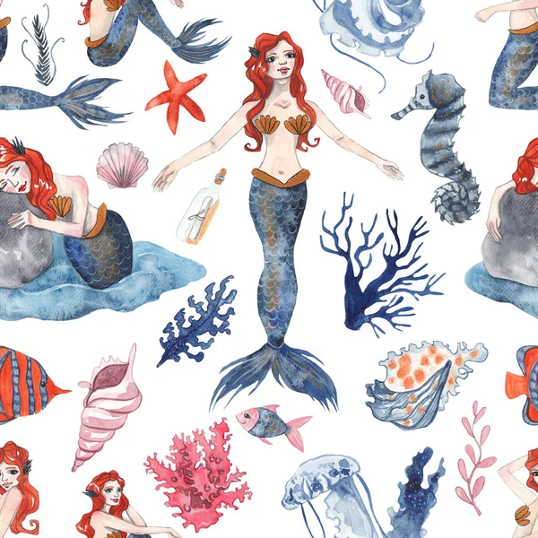 Modèle Sans Couture Avec Des Sirènes Aquarelle Coquillages Étoiles Mer — Photo