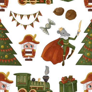 Fındıkkıran kusursuz desen. Beyaz arkaplanda noel resimleri