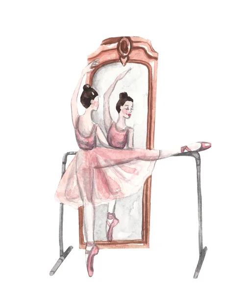 Retrato Uma Bela Bailarina Bailarina Frente Espelho Barra Ballet Ilustração — Fotografia de Stock