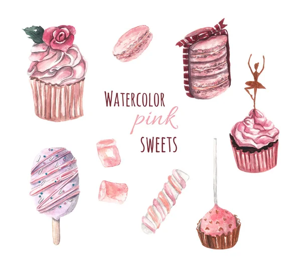 Akvarelové Růžové Bonbóny Ballerina Narozeniny Cupcakes Pop Cake Marshmallows Zmrzlina — Stock fotografie