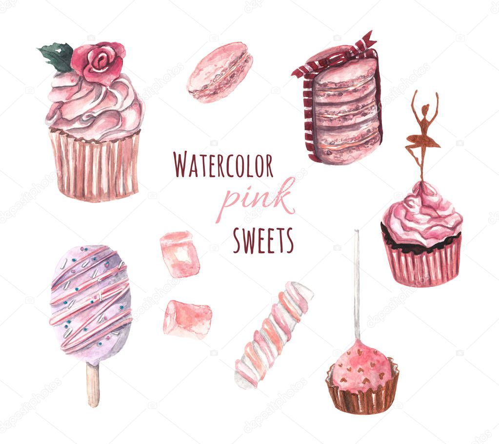 Watercolor pink sweets. Ballerina's birthday. Cupcakes, pop cake, marshmallows, ice cream. Watercolor illustrations on white isolated background