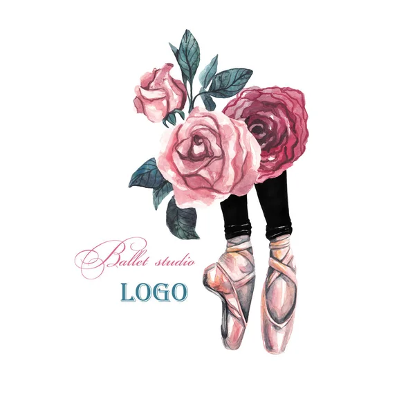 Pointe shoes and roses, ballerina. Logo ballet studio, ballet school. Watercolor illustration on white isolated background