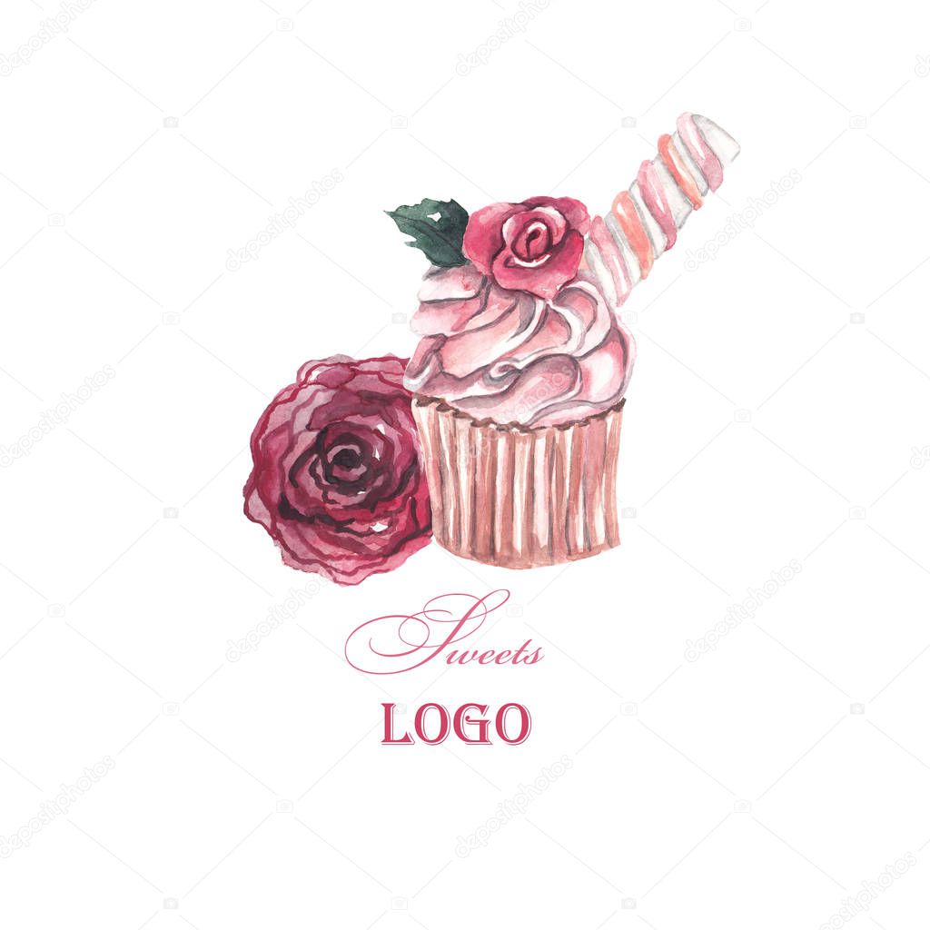 Cupcake, flower, marshmallows. Bakery logo. Watercolor illustration on white isolated background