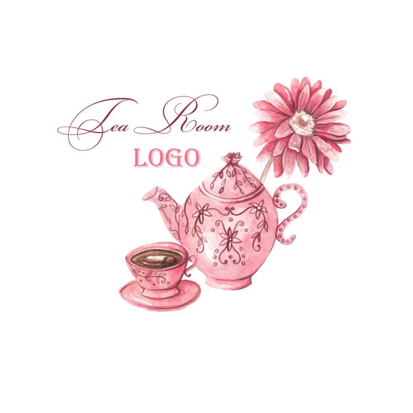 Tea and sweets, teapot, cup, pink flower. Bakery, Tea room logo. Watercolor illustration on white isolated background