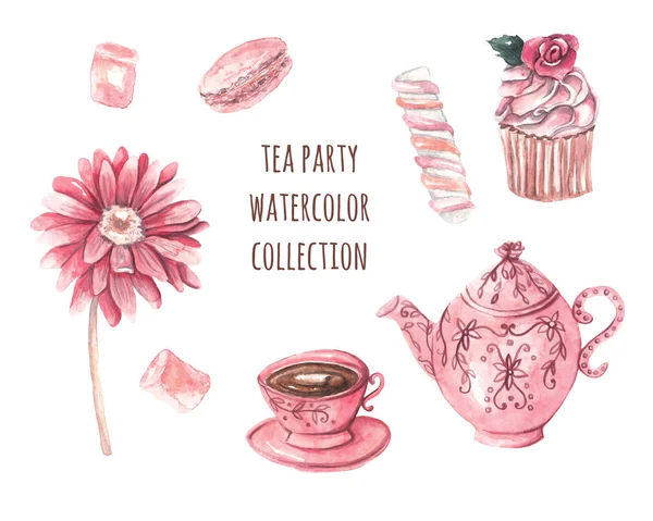 Tebjudning Rosa Tekanna Kopp Rosa Blomma Cupcake Marshmallows Akvarell Illustration — Stockfoto