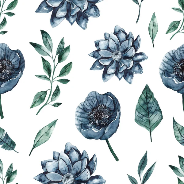 白い背景に青い水彩の花と葉のシームレスなパターン — ストック写真