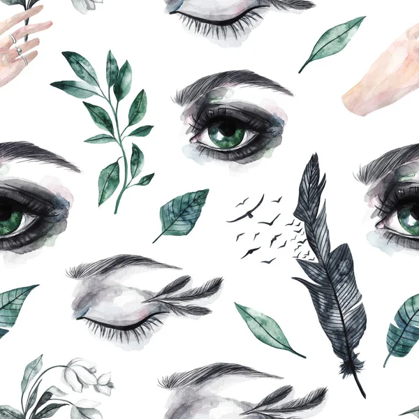 Bezproblémový Vzor Akvarelovými Očima Peřím Ptáky Zelenými Listy Sněhovými Kapkami — Stock fotografie