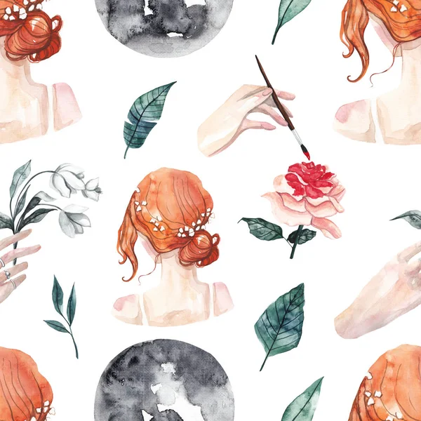 Seamless pattern with watercolor Moon, red haired girl, roses and leaves. Watercolor mystical artist background