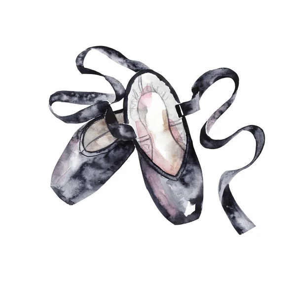 Zapatos Punta Negra Zapatos Ballet Ilustración Acuarela Sobre Fondo Blanco — Foto de Stock