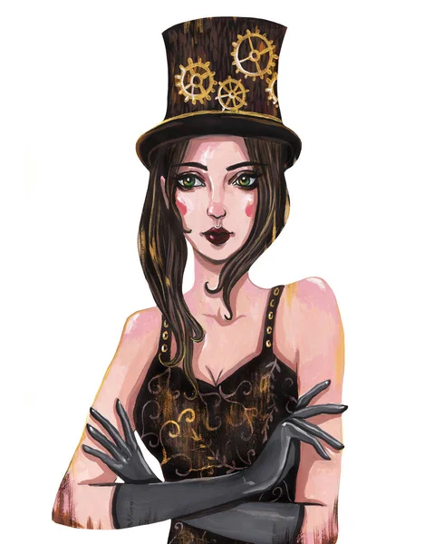 Steampunk girl. Portrait of a girl in a hat on white isolated background. Victorian steampunk. Gouache painting