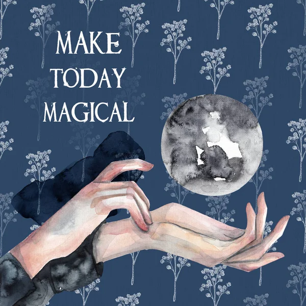Piękne Ręce Księżyc Ilustracja Akwarela Niebieskim Tle Teksturowane Przywitanie Magicznej — Zdjęcie stockowe