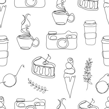 Modern sanat eserleri ile kusursuz desen. Sürekli çizgi, vektör çizimleri. Dondurma, kahve, kek, siyah beyaz arka plan