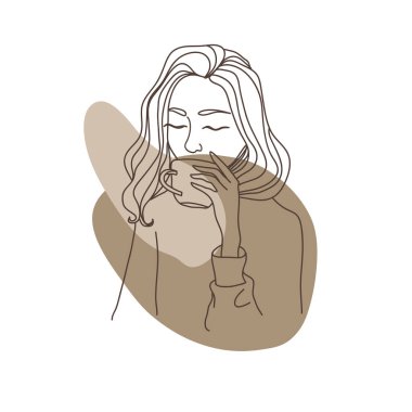 Bir fincan kahveyle bir kızın silueti. Çizgi sanatı modern illüstrasyon