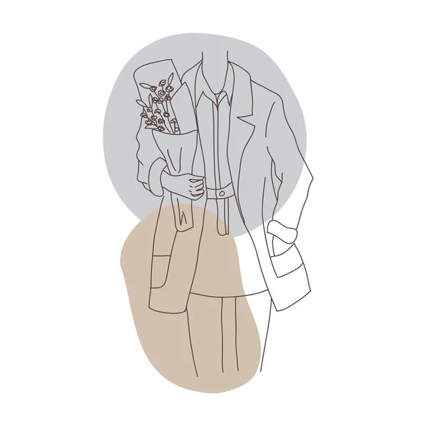 一个带着一束花的女孩的轮廓 穿着夹克和裙子的女孩 线条艺术现代时尚图解 — 图库矢量图片
