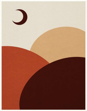 Modern soyut manzara. Gökyüzü, dağlar, ay. Soyut desenli resimleme