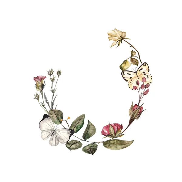 Corona Floral Con Flores Hojas Mariposas Ilustración Acuarela Sobre Fondo — Foto de Stock