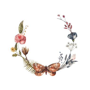 Çiçekli, yapraklı ve kelebekli çelenk. Beyaz izole arkaplan üzerindeki suluboya resimleme, metin için çerçeve