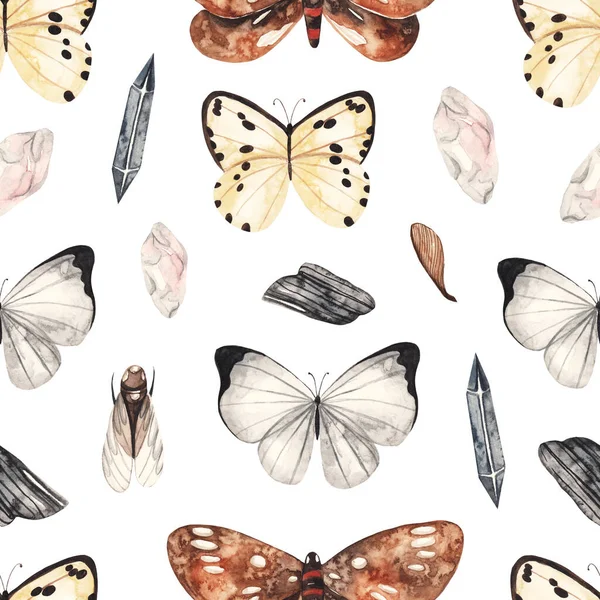 Seamless Pattern Butterflies Crystals Watercolor Background — Stock Photo, Image