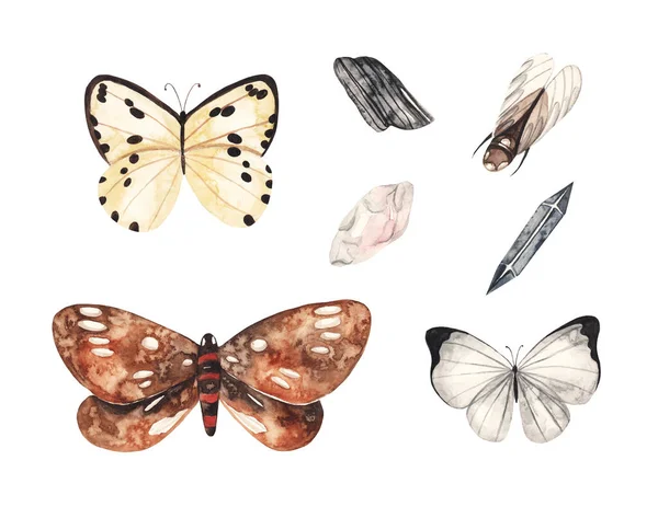 Бабочки Кристаллы Акварель Белом Изолированном Фоне — стоковое фото