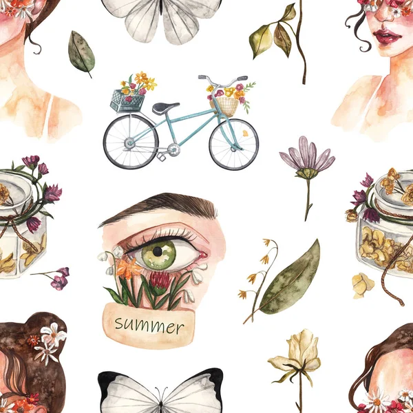 夏のアイテムとシームレスなパターン 自転車 ドライフラワーを持つ少女の肖像画 水彩画背景 — ストック写真