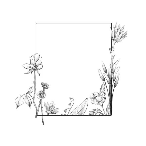 Prostokątna Ramka Graficznymi Kwiatami Liśćmi Kwiatowa Ramka Białym Odizolowanym Tle — Zdjęcie stockowe