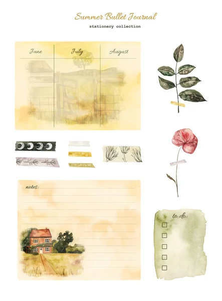 Kolekce Letních Deníků Dny Týdnu Plánování Poznámky Roztomilé Akvarelové Ilustrace — Stock fotografie