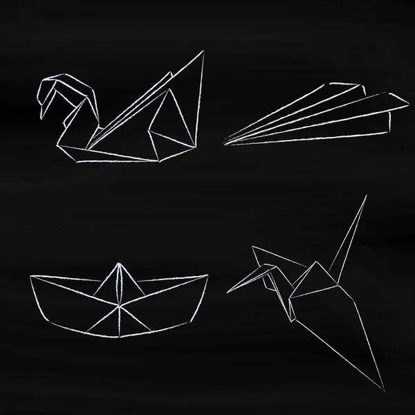 Origami uppsättning. Krita skiss i vector. Pappersplan, kran, swan och fartyg — Stock vektor