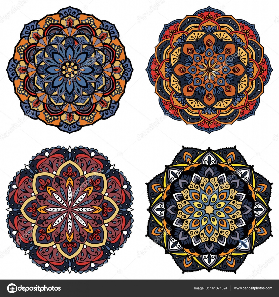 Set di Mandala colorato Ornamenti decorativi rotondi Elementi di disegno del tessuto Loghi di yoga sfondi gratis per il poster di meditazione