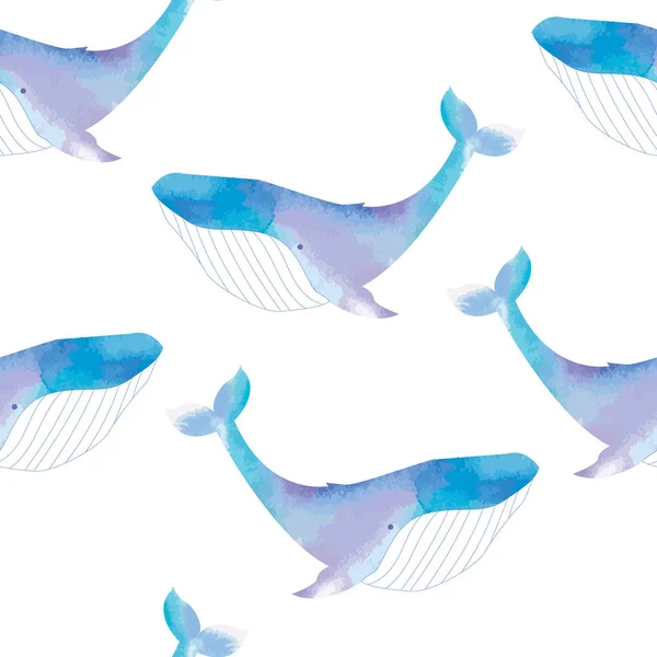 Бесшовный рисунок с милыми голубыми китами. Иллюстрация акварелью — стоковый вектор