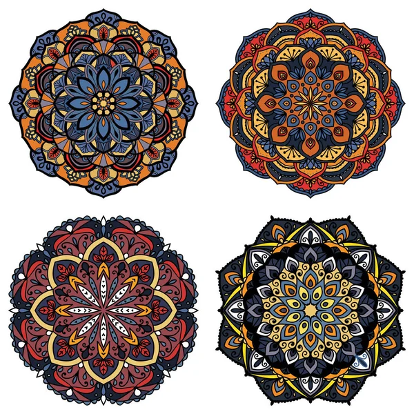 Ensemble de mandalas colorés. Ornements ronds décoratifs. Tisser des éléments de conception. Logos de yoga, arrière-plans pour affiche de méditation. Vecteur oriental — Image vectorielle