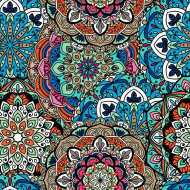 Çiçek motifleri ile Seamless etnik modeli. Kumaş ve kağıt için Mandala stilize yazdırma şablonu. Hint ya da Arapça cinayet sebebi. Boho festival stili.