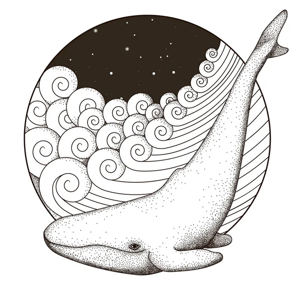 Baleine sur les vagues. Illustration marine. Cadre rond à vagues marines dessiné à la main. Illustration vectorielle — Image vectorielle