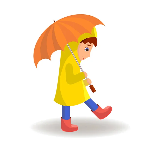 Cute Cartoon Kid with Umbrella walking. Vector Illustration — Stock Vector