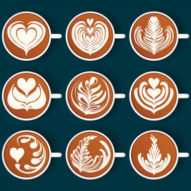 Latte sanat kümesi. Beyaz su bardağı. Vektör çizim