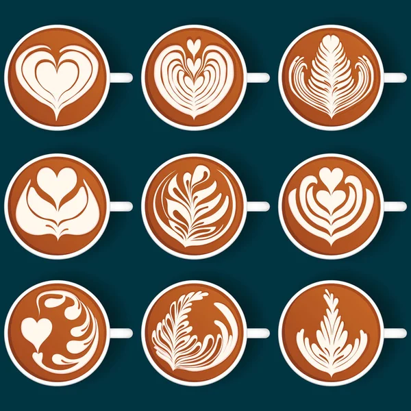 Conjunto de Latte Art. Copas blancas. Ilustración vectorial — Archivo Imágenes Vectoriales