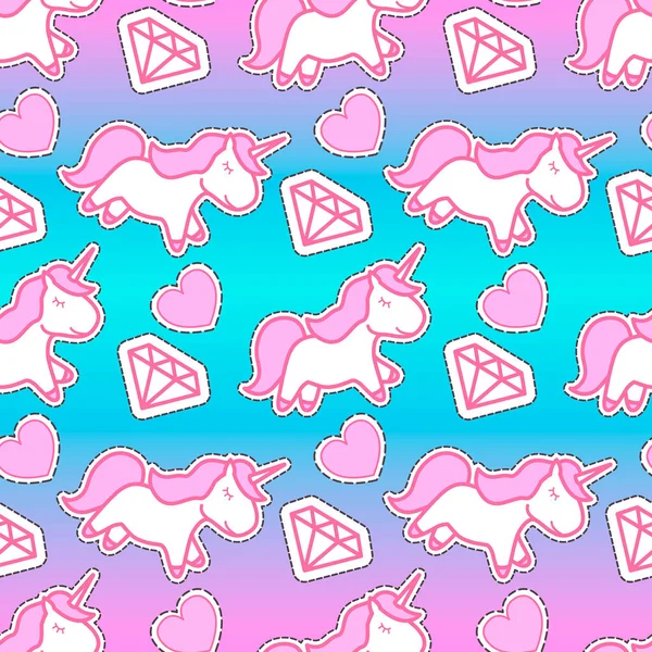 Carino unicorno rosa con diamanti e cuori. Schema senza soluzione di continuità. Illustrazione vettoriale cartone animato — Vettoriale Stock