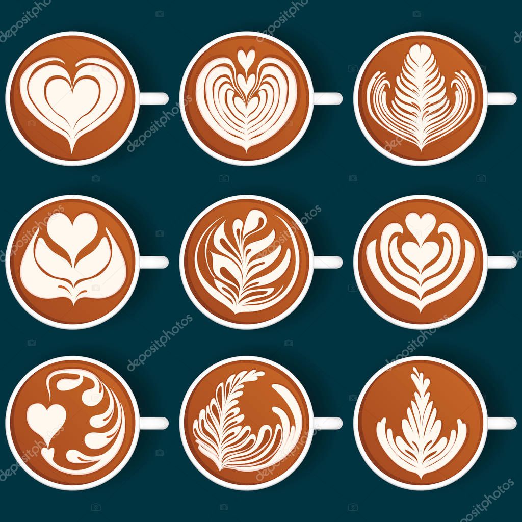 Set of Latte Art. White Cups. Vector illustration