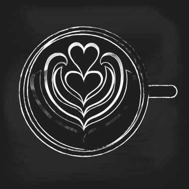 Kara tahta arka plan üzerinde izole Latte Art. Beyaz Kupası. Vektör çizim